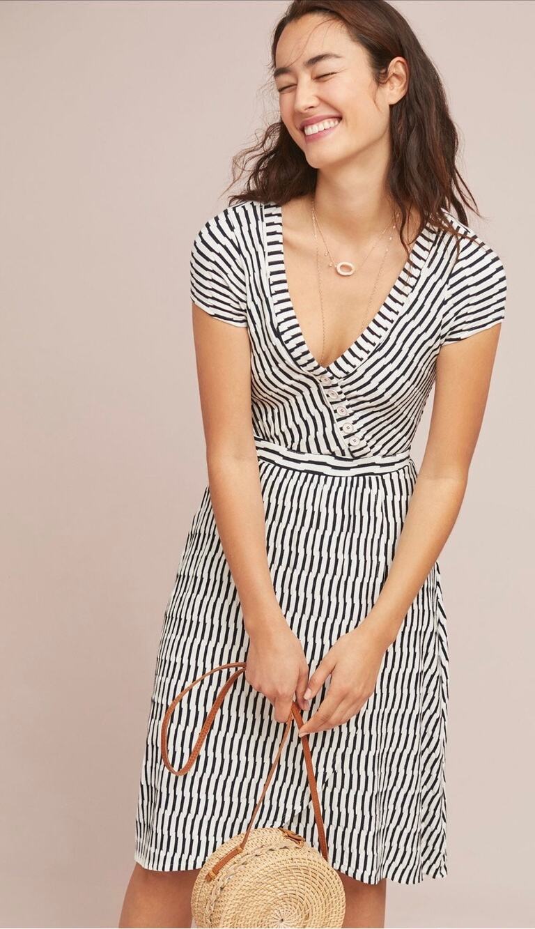 Anthropologie Maeve Paladino Textured Dress Navy Stripe Faux Wrap size XS